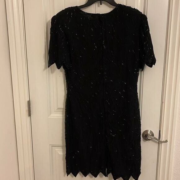 NWT Vtg. LAWRENCE KAZAR BLACK beaded handmade short sleeve SILK DRESS women’s L - Picture 8 of 16